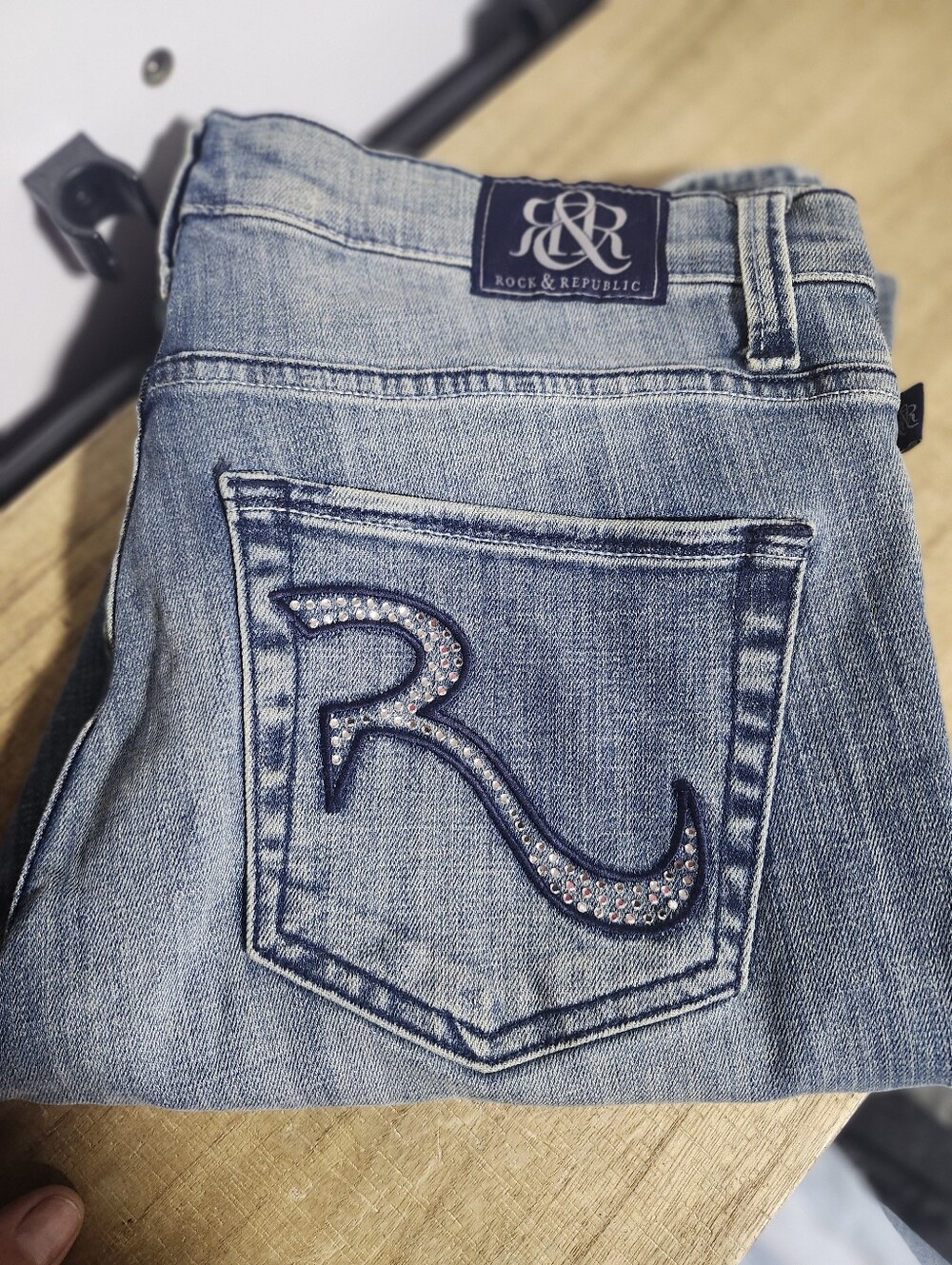 Rock & Republic Light Blue Rhinestone R Pocket Skinny Jeans